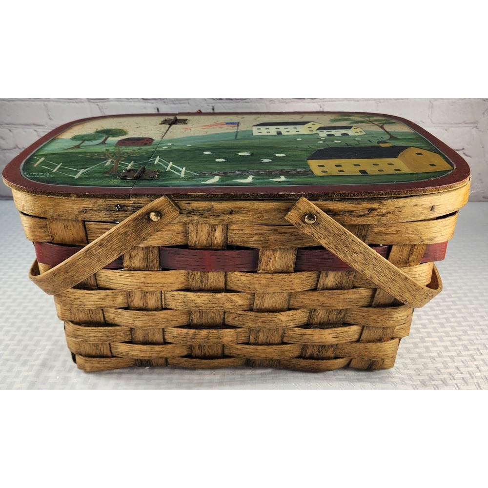 Vintage Linda Lighty Painted Folk Art Picnic Basket Americana Farm Sheep 16x12x9